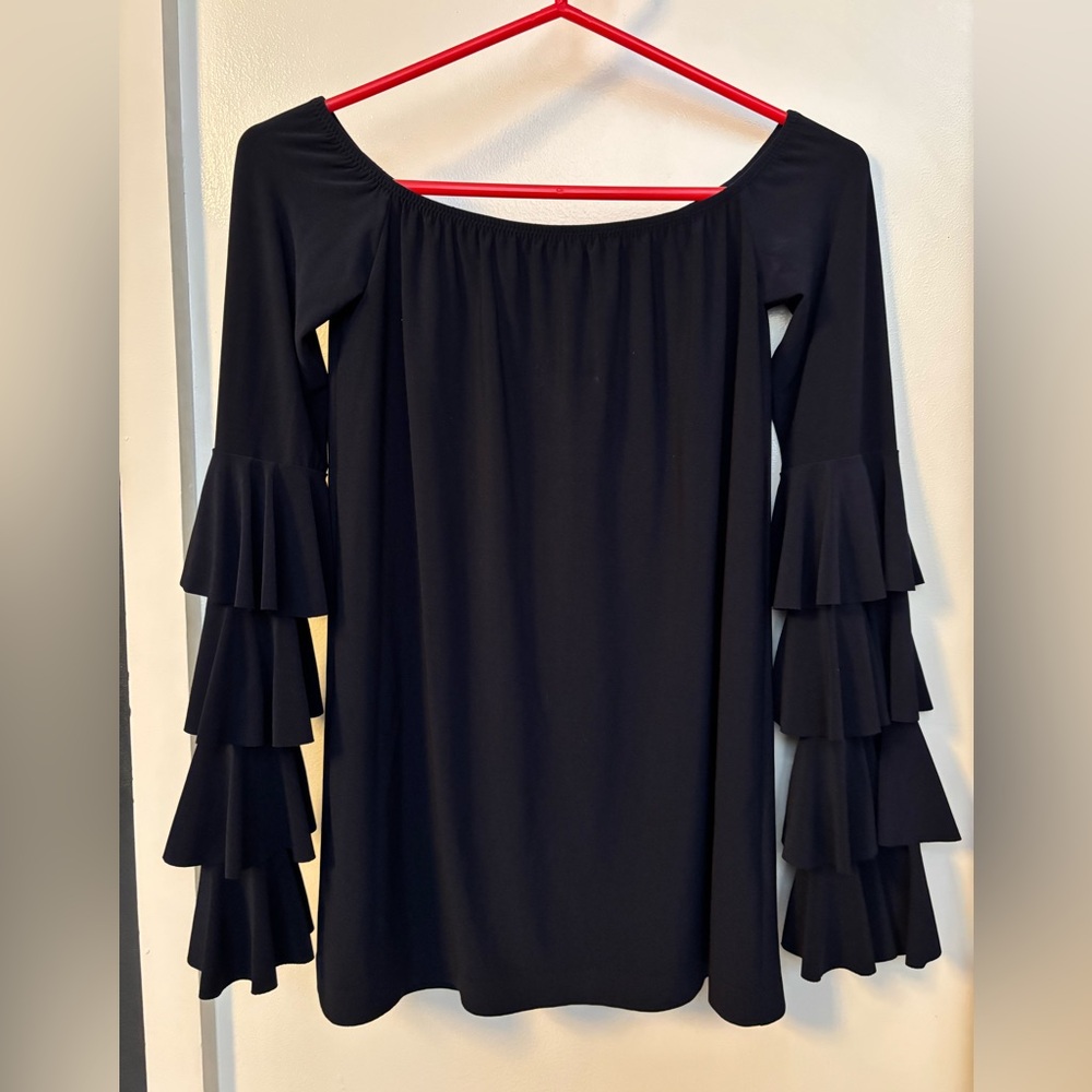 Navy Norma Kamali Off-Shoulder Jersey Top with Ruffled Sleeves
